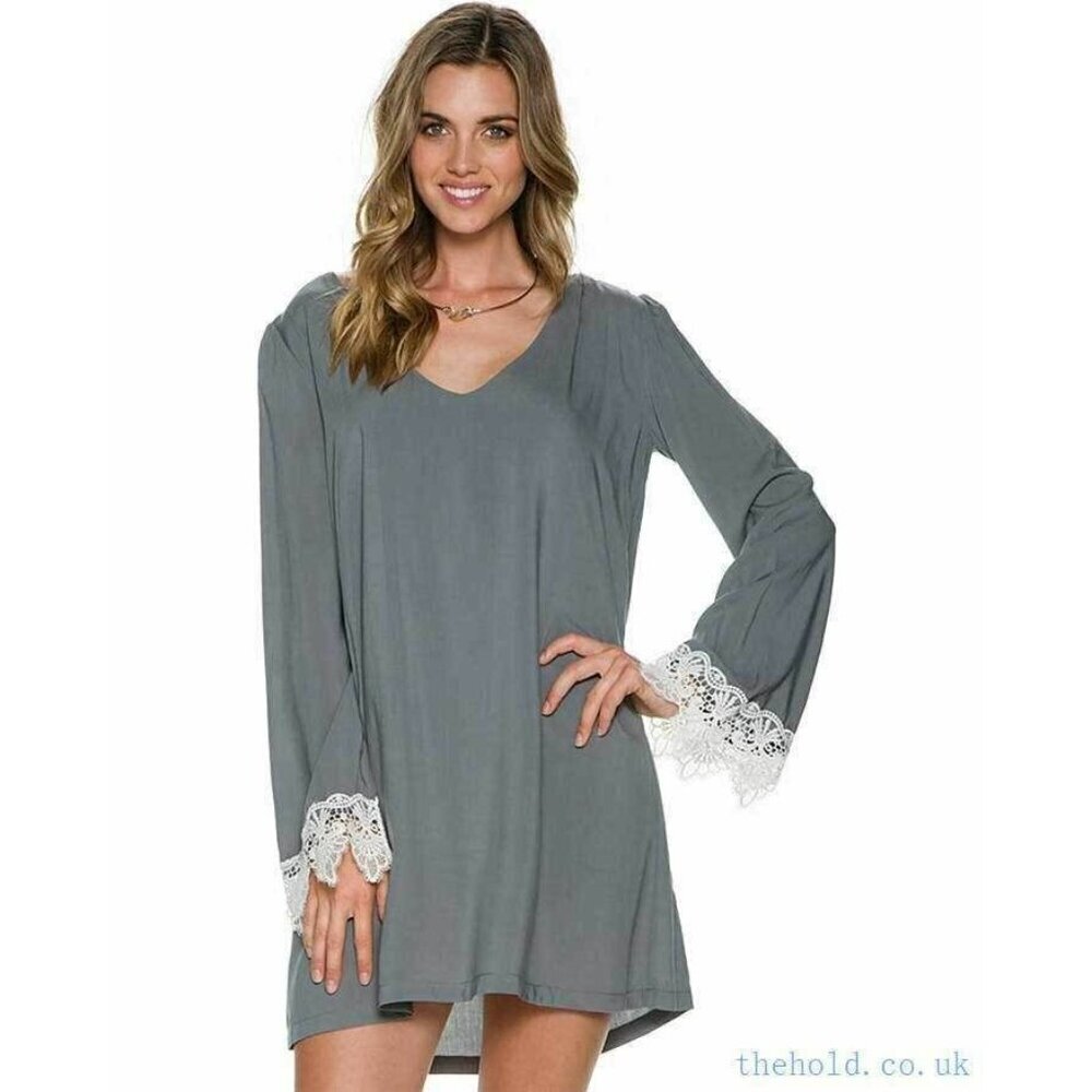 Swell Womens Gray Rosarito Bell Sleeve Crochet Detail Dress Size M L - Picture 2 of 11